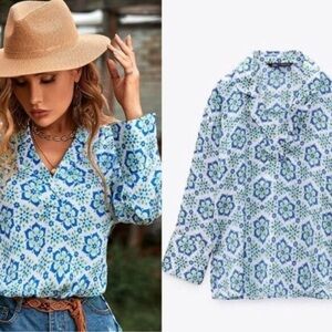 Zara Blue and White Floral Print Top